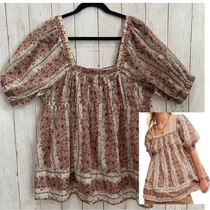 NWOT Free People Size Small  Vintage Lover Babydoll Boho Top Floral 100% Cotton